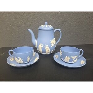Vintage Wedgwood Teapot/coffee Pot Lid With 2 Mugs And‎ Saucers Blue 6 Piece Set